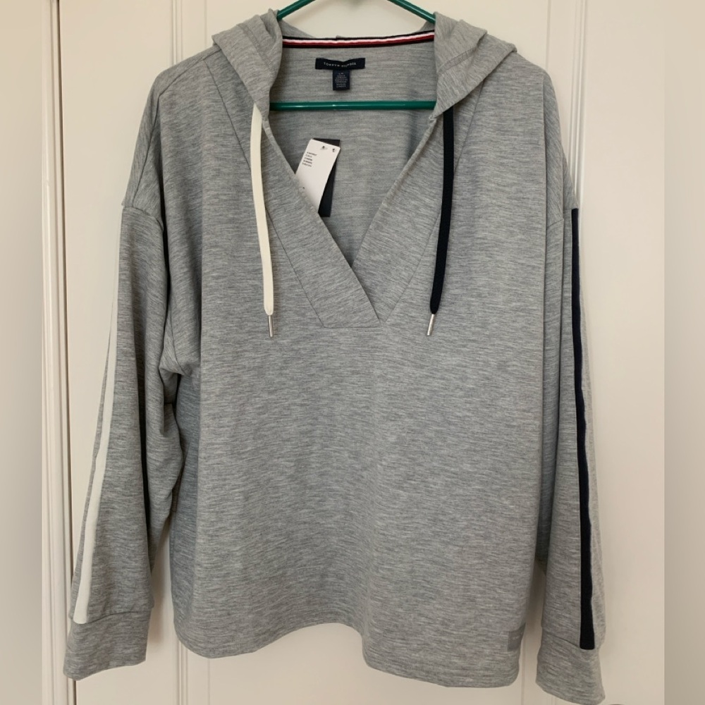 NWT Tommy Hilfiger Gray V-Neck Hooded Pullover with Contrast Drawcords